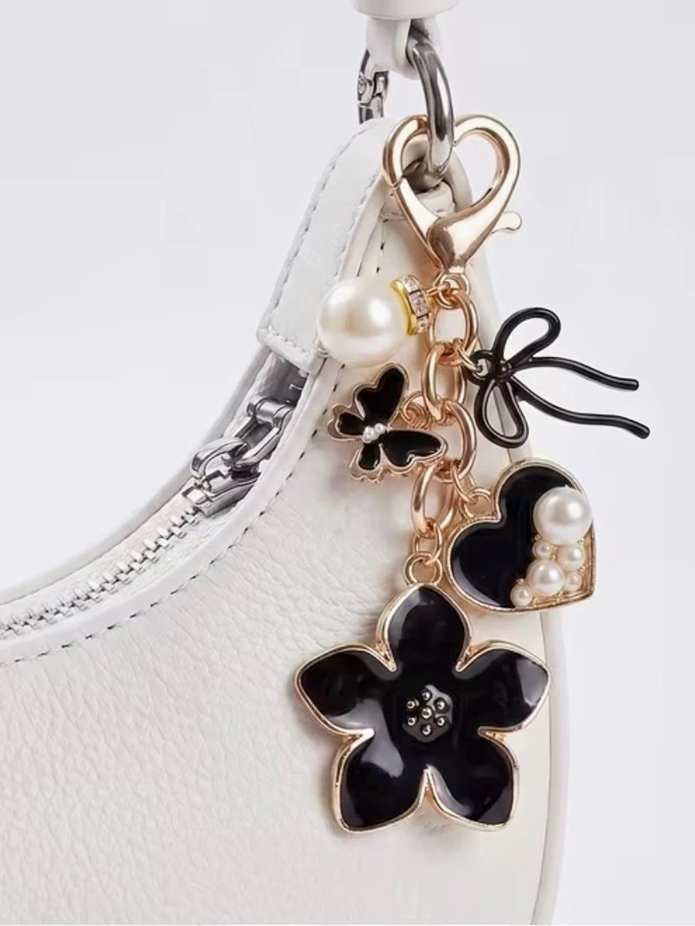 Floral Pearl Bag Charm in White & Black Like New